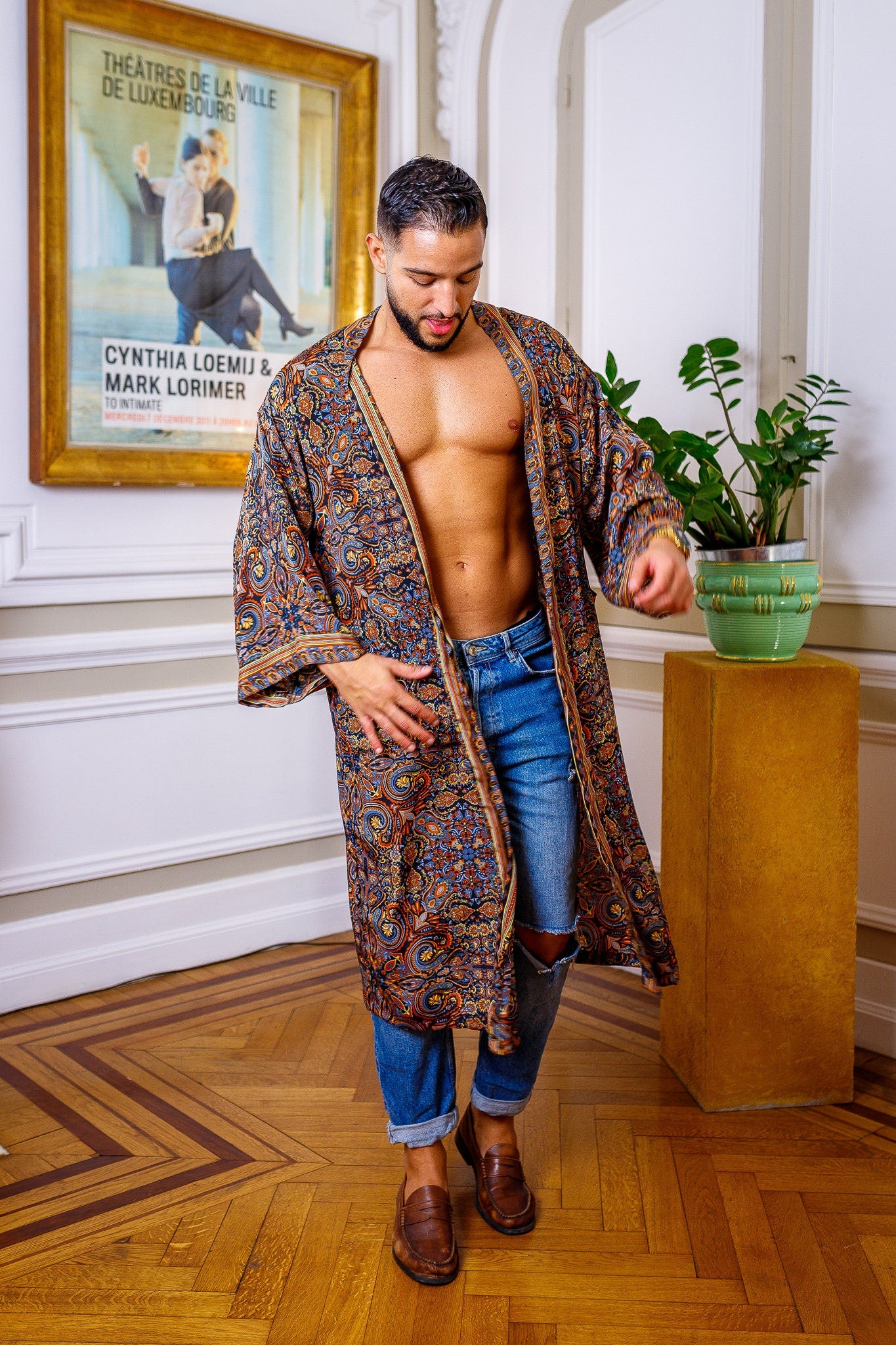 Silk boho men's kimono, kimono for him, silk bathrobe, dressing gown