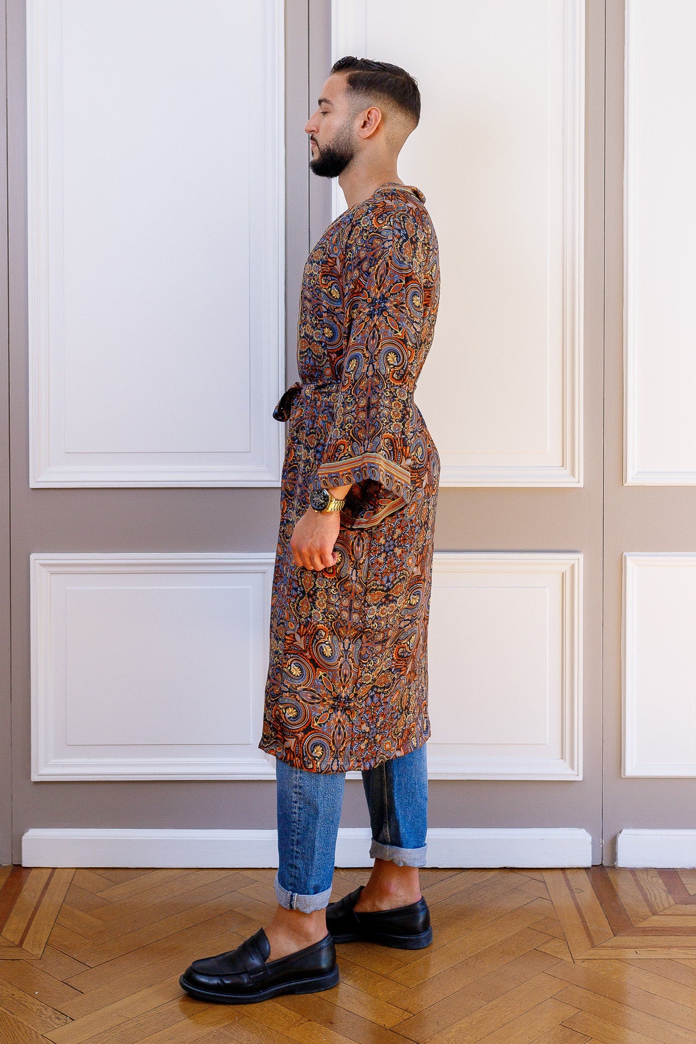 Silk boho men's kimono, kimono for him, silk bathrobe, dressing gown