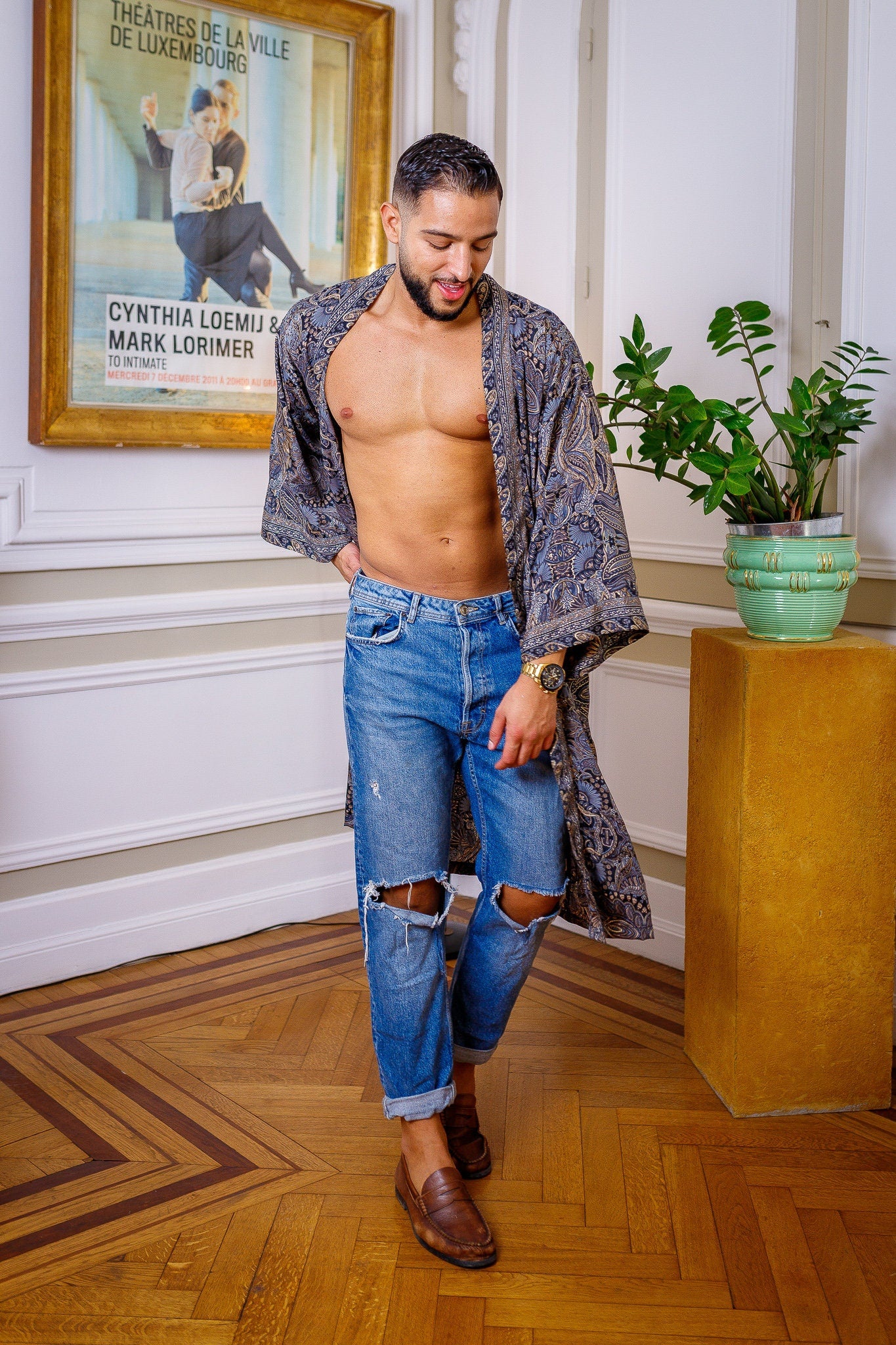 Silk boho men's kimono, kimono for him, silk bathrobe, dressing gown