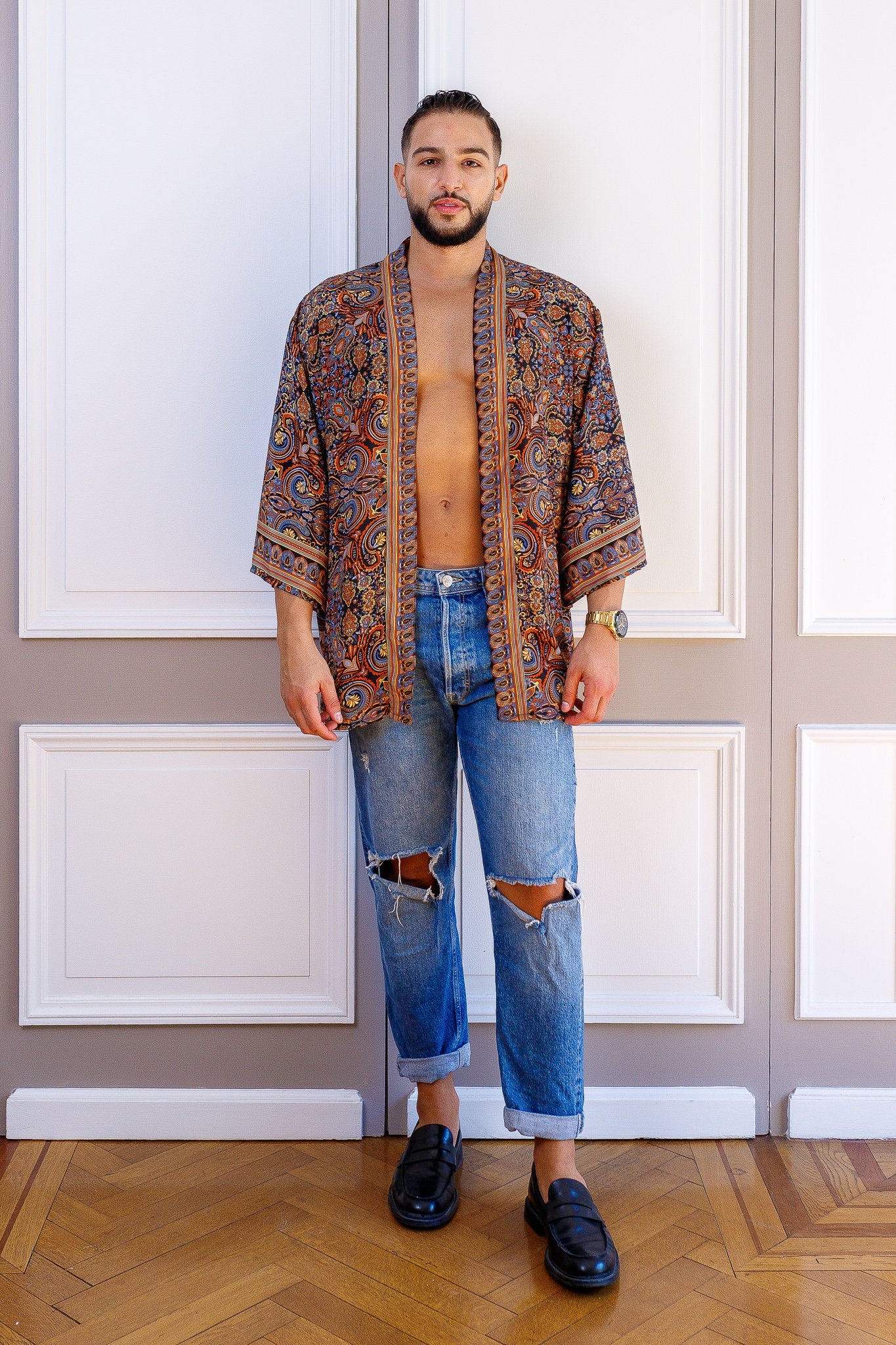 Veste kimono homme, veste cardigan, kimono soie, kimono court