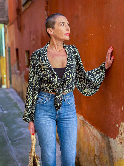 Vintage silk blouse with balloon sleeves, oversized collar, maxi low-cut blouse, long-sleeved blouse