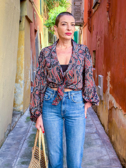 Vintage silk blouse with balloon sleeves, oversized collar, maxi low-cut blouse, long-sleeved blouse