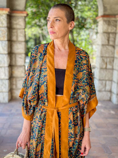 Silk kimono and palazzo pants set, seventies style kimono, casual chic silk set, wide leg silk pants