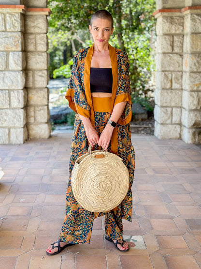 Silk kimono and palazzo pants set, seventies style kimono, casual chic silk set, wide leg silk pants