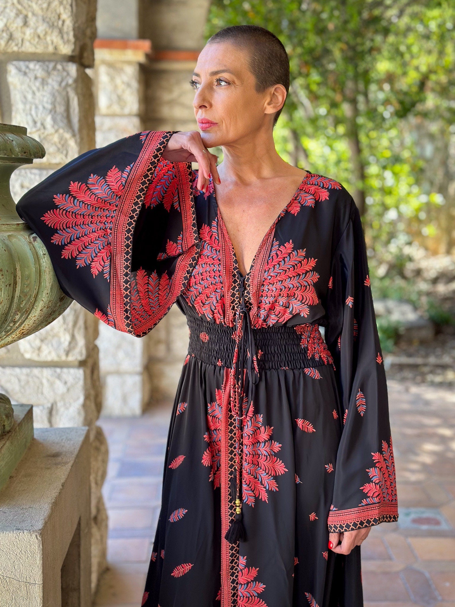 Long boho silk dress, vintage silk dress, plunging neckline dress, shirring dress, bohemian gypsy dress, flared sleeve dress, summer dress