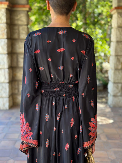 Long boho silk dress, vintage silk dress, plunging neckline dress, shirring dress, bohemian gypsy dress, flared sleeve dress, summer dress