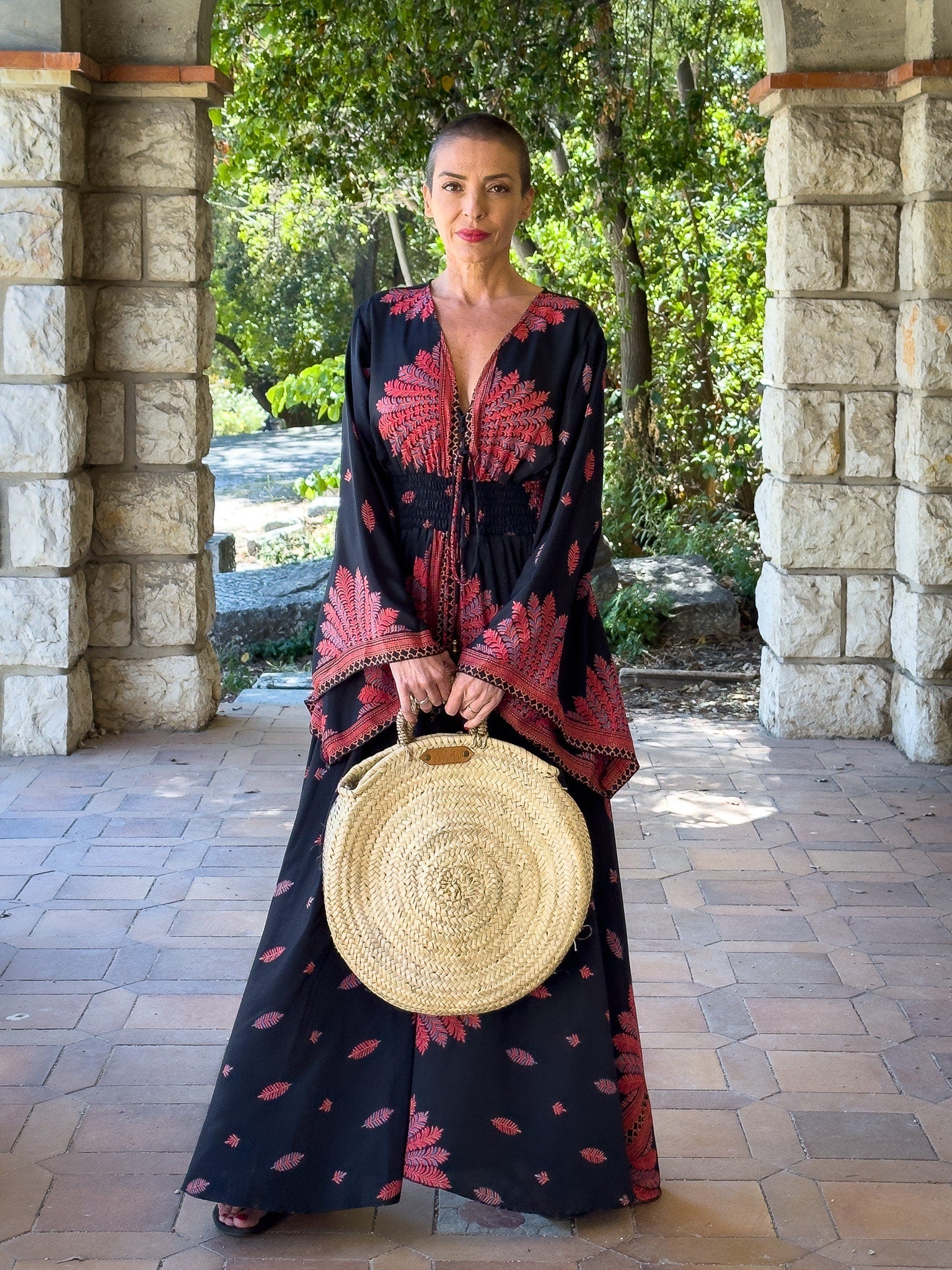 Long boho silk dress, vintage silk dress, plunging neckline dress, shirring dress, bohemian gypsy dress, flared sleeve dress, summer dress