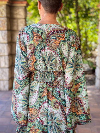 Long boho silk dress, vintage silk dress, plunging neckline dress, shirring dress, bohemian gypsy dress, flared sleeve dress, summer dress