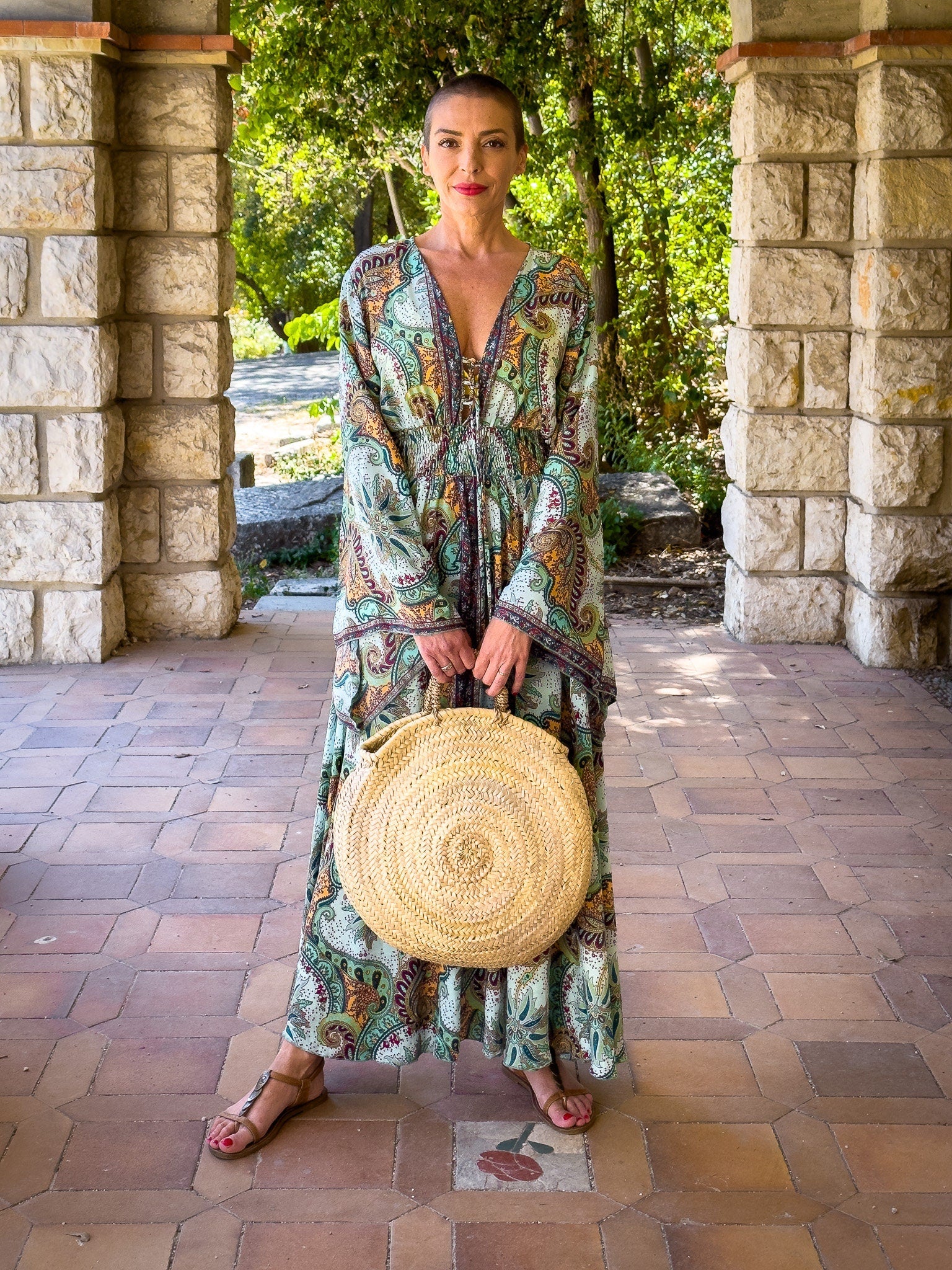 Long boho silk dress, vintage silk dress, plunging neckline dress, shirring dress, bohemian gypsy dress, flared sleeve dress, summer dress