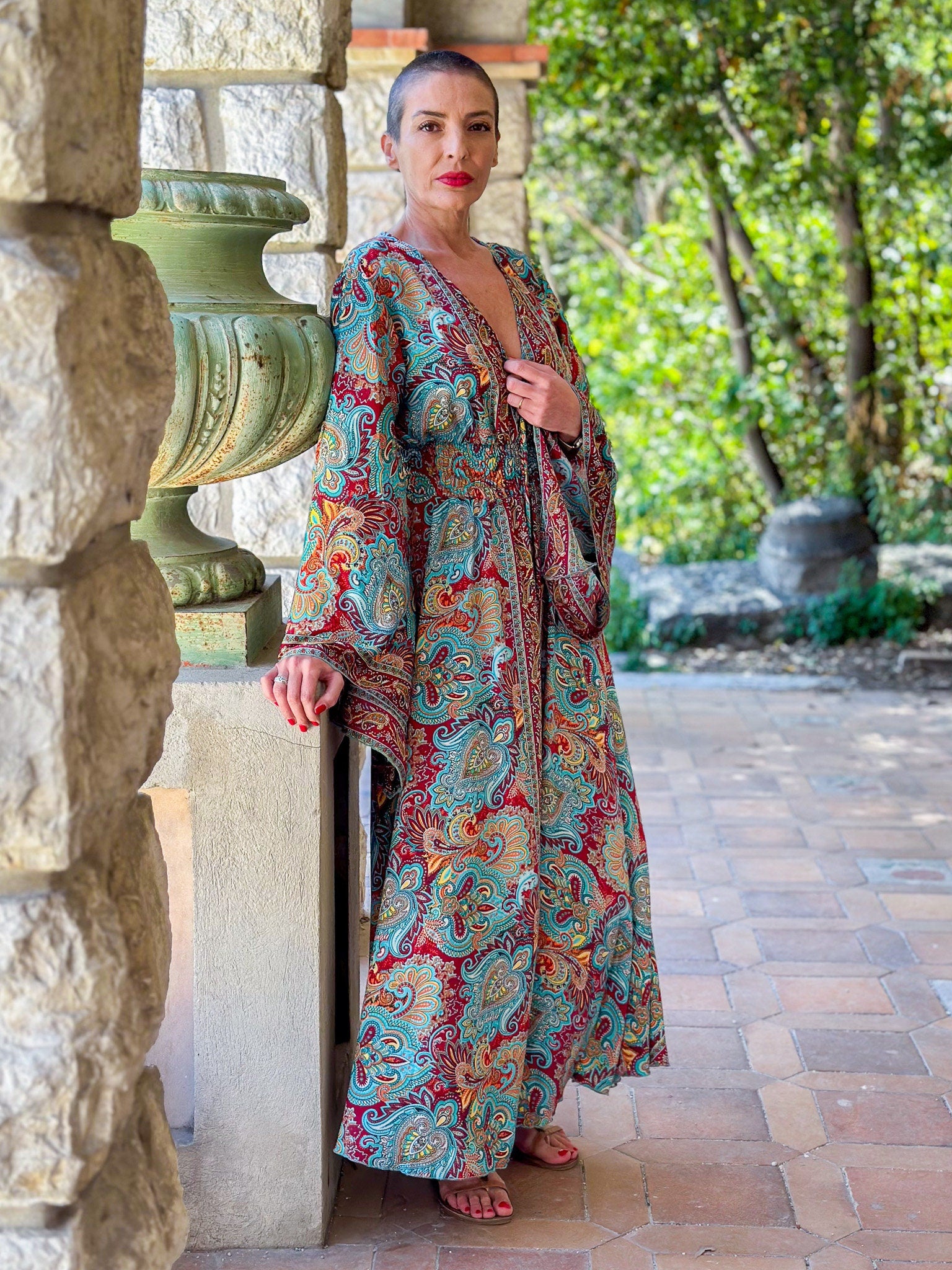 Long boho silk dress, vintage silk dress, plunging neckline dress, shirring dress, bohemian gypsy dress, flared sleeve dress, summer dress