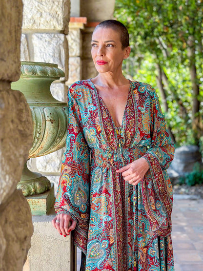 Long boho silk dress, vintage silk dress, plunging neckline dress, shirring dress, bohemian gypsy dress, flared sleeve dress, summer dress