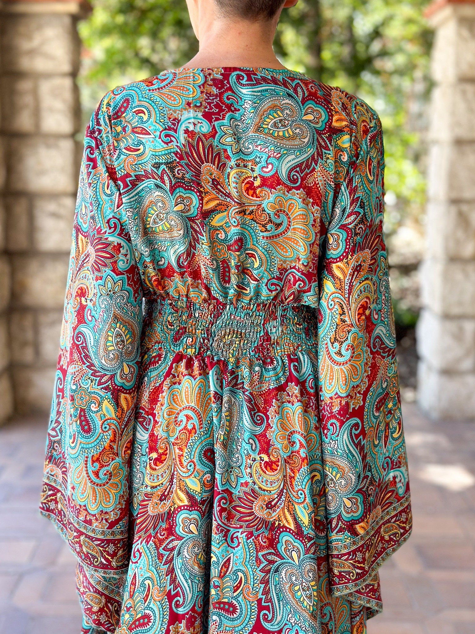 Long boho silk dress, vintage silk dress, plunging neckline dress, shirring dress, bohemian gypsy dress, flared sleeve dress, summer dress