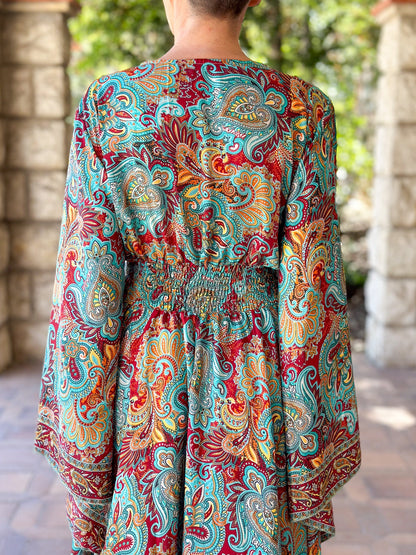 Long boho silk dress, vintage silk dress, plunging neckline dress, shirring dress, bohemian gypsy dress, flared sleeve dress, summer dress