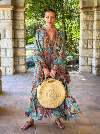 Long boho silk dress, vintage silk dress, plunging neckline dress, shirring dress, bohemian gypsy dress, flared sleeve dress, summer dress