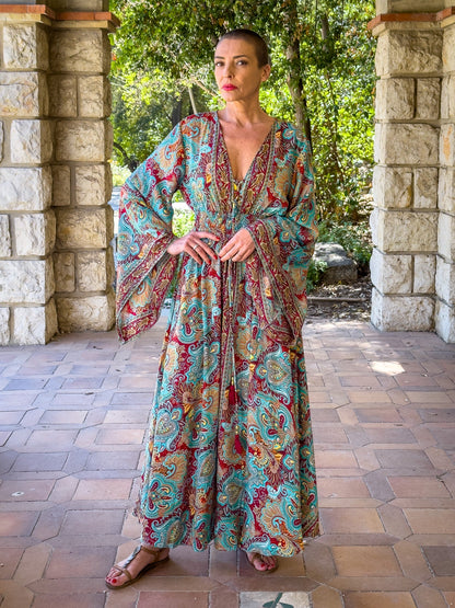 Long boho silk dress, vintage silk dress, plunging neckline dress, shirring dress, bohemian gypsy dress, flared sleeve dress, summer dress