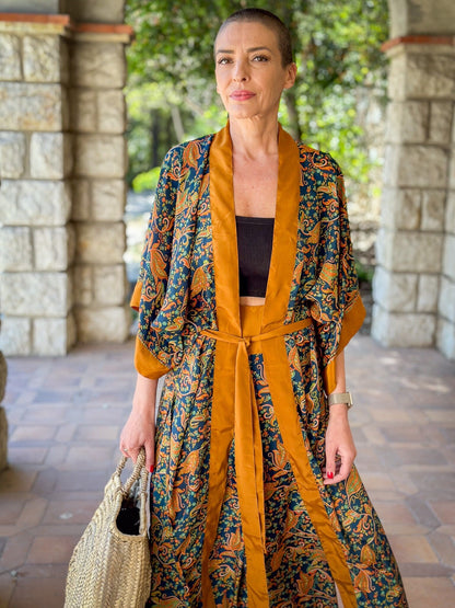 Silk kimono and palazzo pants set, seventies style kimono, casual chic silk set, wide leg silk pants