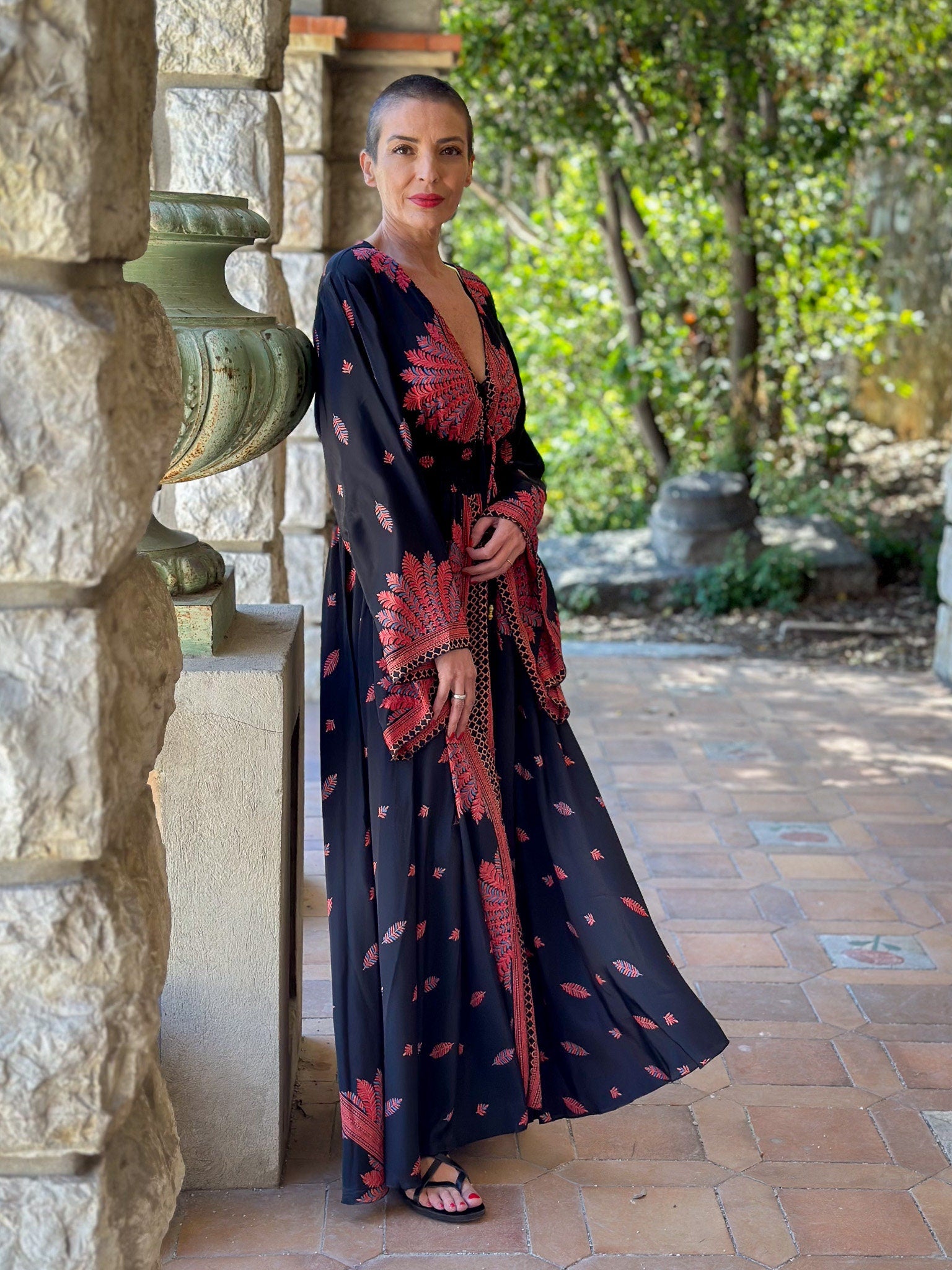 Long boho silk dress, vintage silk dress, plunging neckline dress, shirring dress, bohemian gypsy dress, flared sleeve dress, summer dress
