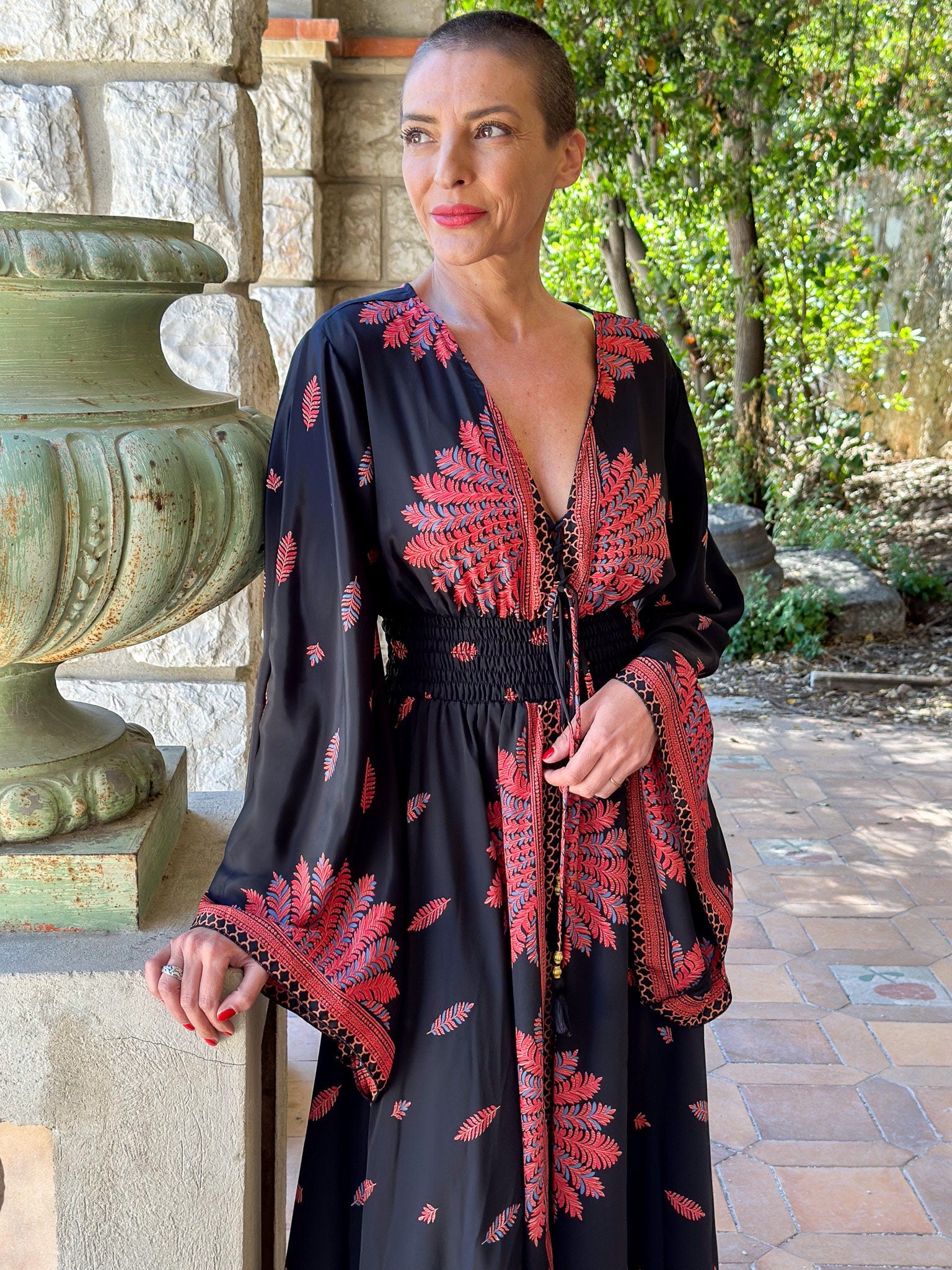 Long boho silk dress, vintage silk dress, plunging neckline dress, shirring dress, bohemian gypsy dress, flared sleeve dress, summer dress