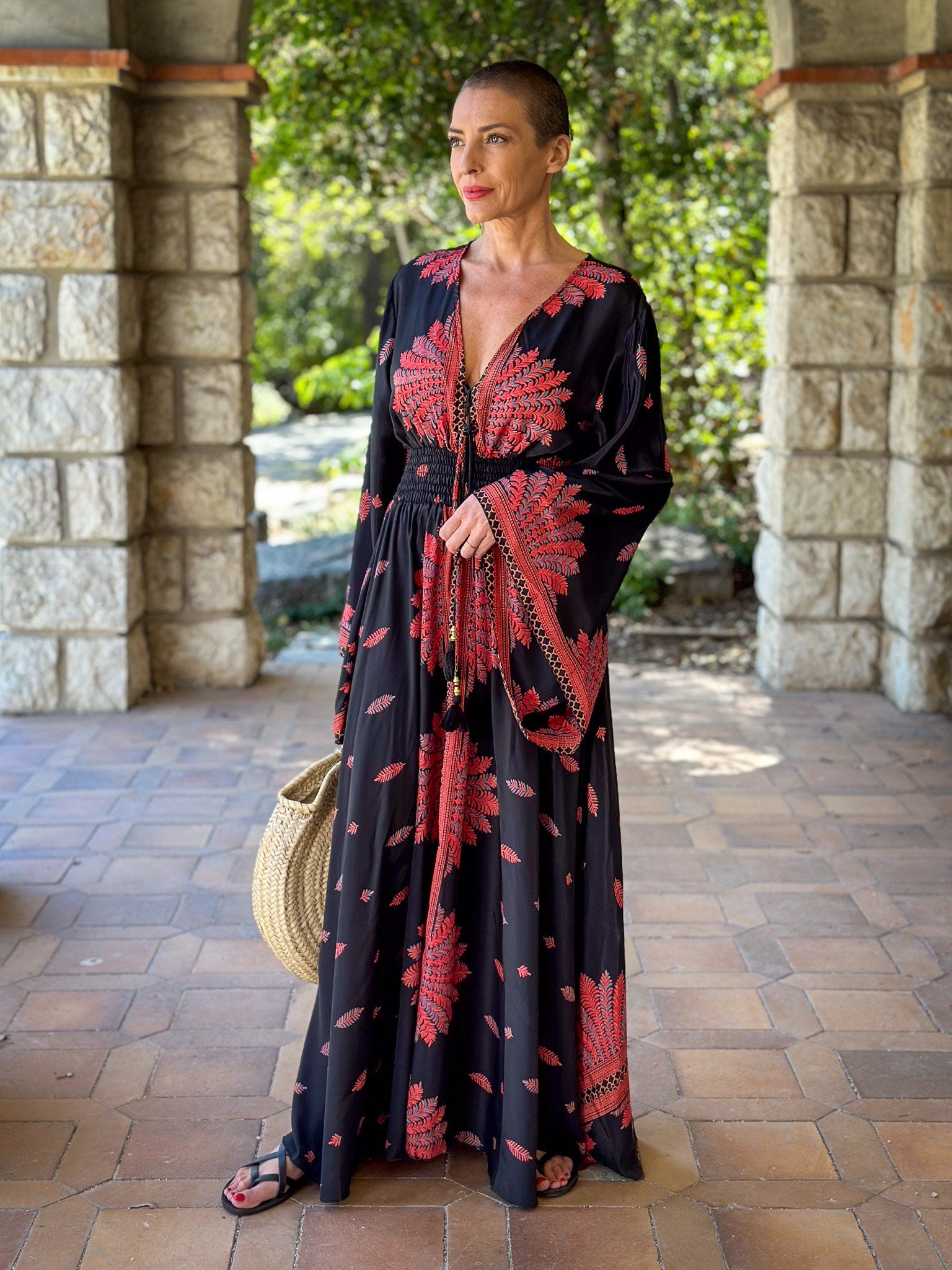 Long boho silk dress, vintage silk dress, plunging neckline dress, shirring dress, bohemian gypsy dress, flared sleeve dress, summer dress