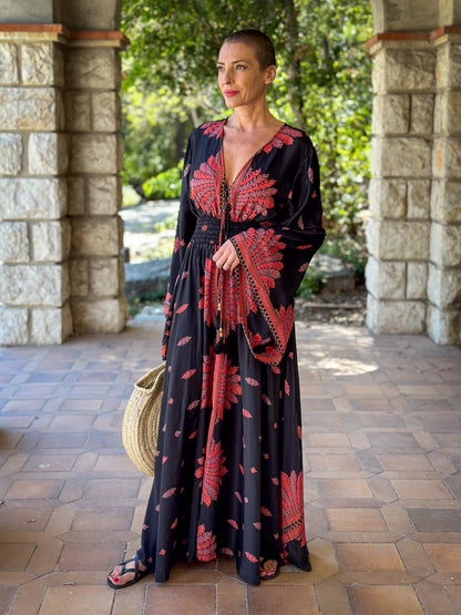 Long boho silk dress, vintage silk dress, plunging neckline dress, shirring dress, bohemian gypsy dress, flared sleeve dress, summer dress