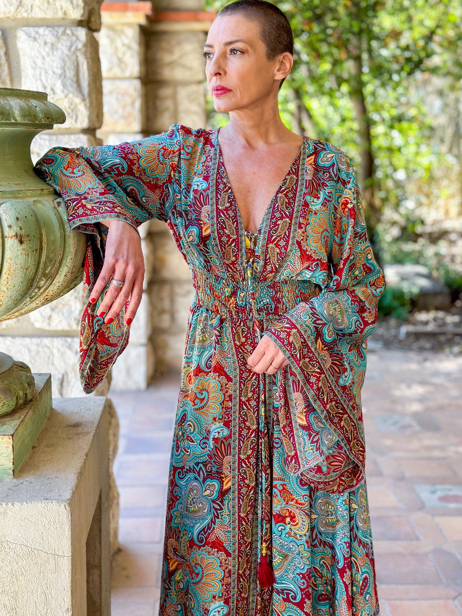 Long boho silk dress, vintage silk dress, plunging neckline dress, shirring dress, bohemian gypsy dress, flared sleeve dress, summer dress