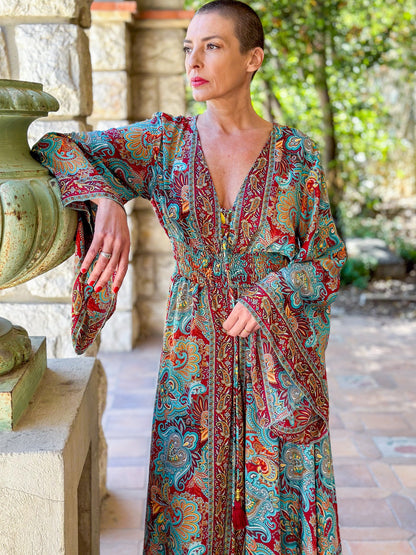 Long boho silk dress, vintage silk dress, plunging neckline dress, shirring dress, bohemian gypsy dress, flared sleeve dress, summer dress