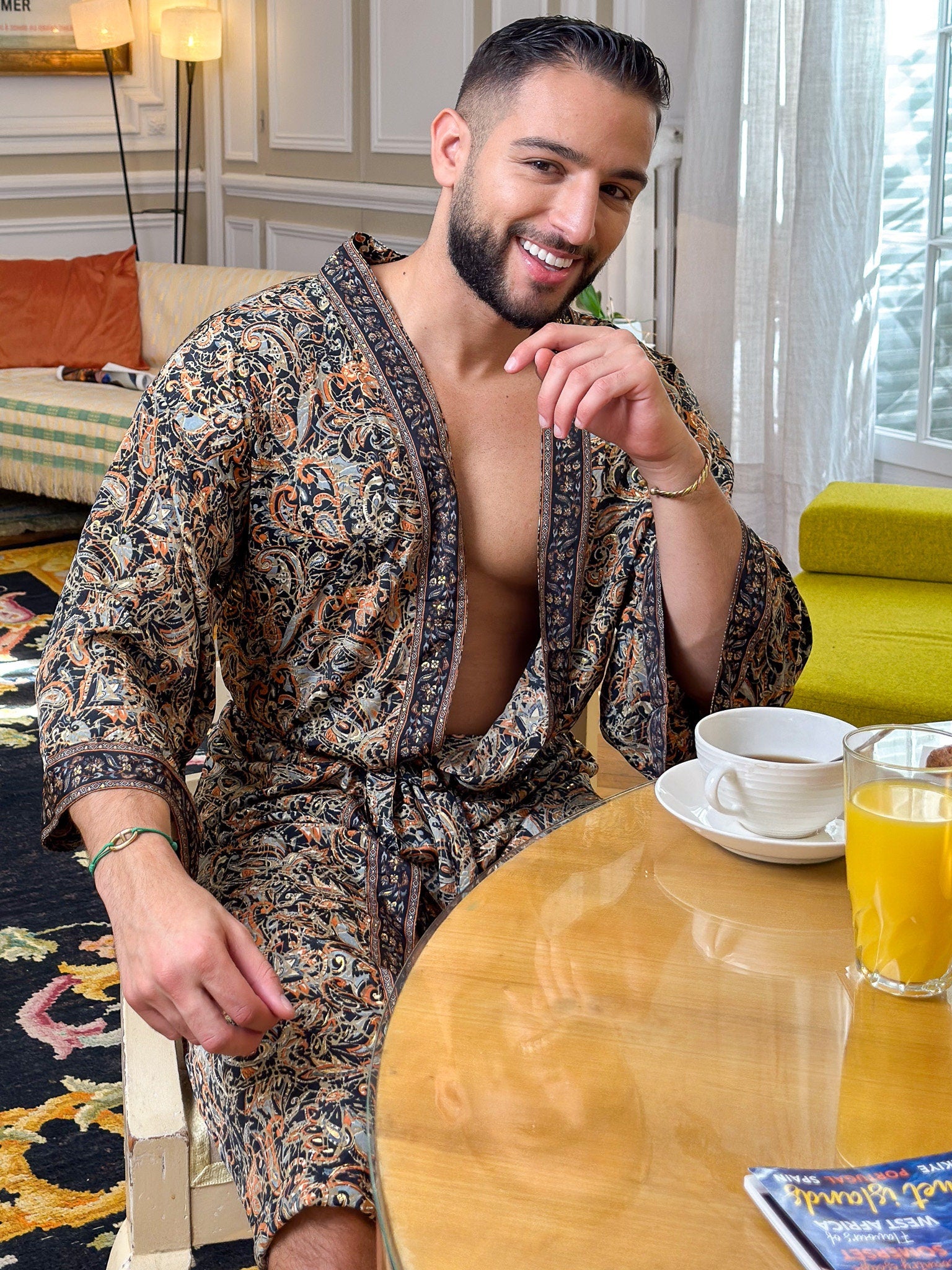 Bohemian men's silk kimono, kimono for him, silk bathrobe, dressing gown, gift for him