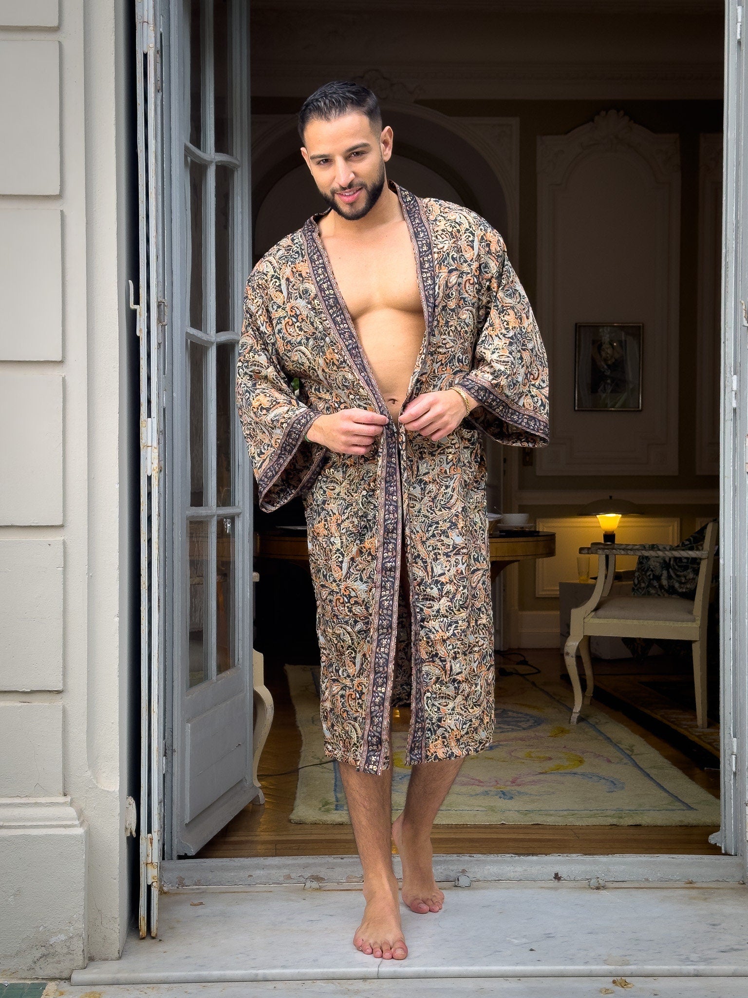 Bohemian men's silk kimono, kimono for him, silk bathrobe, dressing gown, gift for him