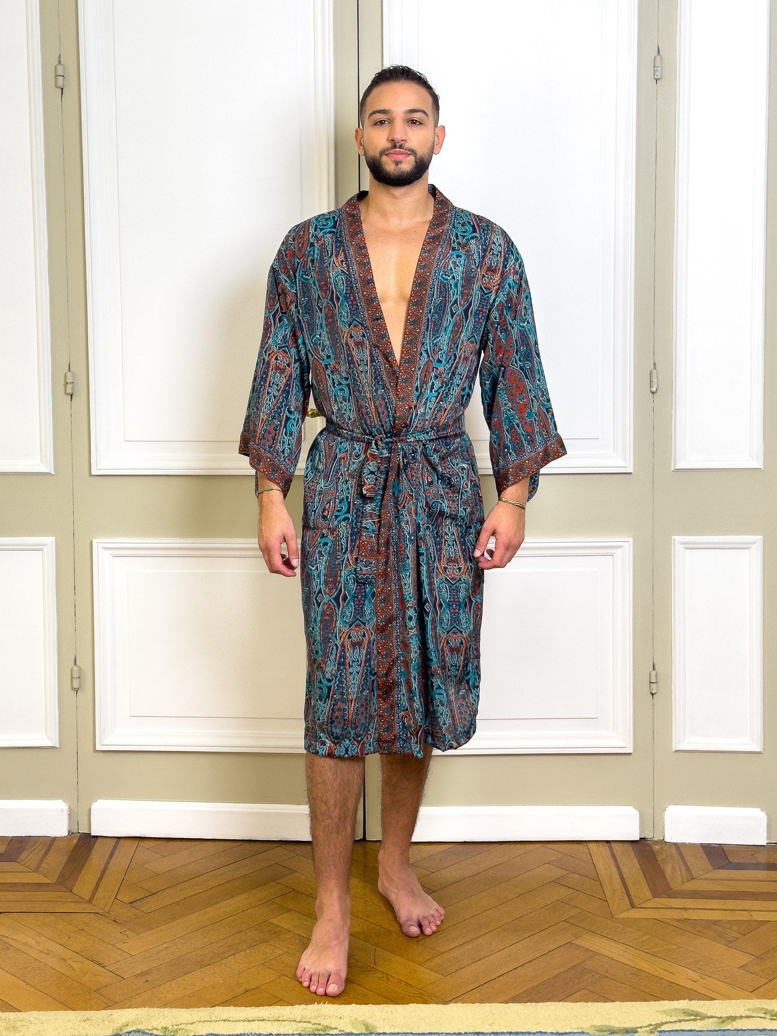 Bohemian men's silk kimono, kimono for him, silk bathrobe, dressing gown, gift for him