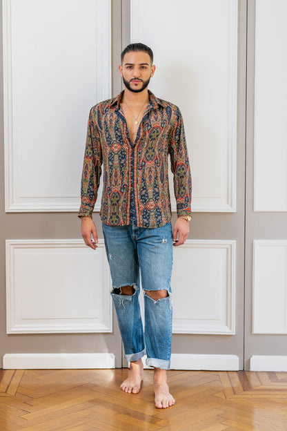 Vintage silk shirt, Long sleeve men's shirt, Boho chic shirt, Vintage retro shirt, Chic shirt for men