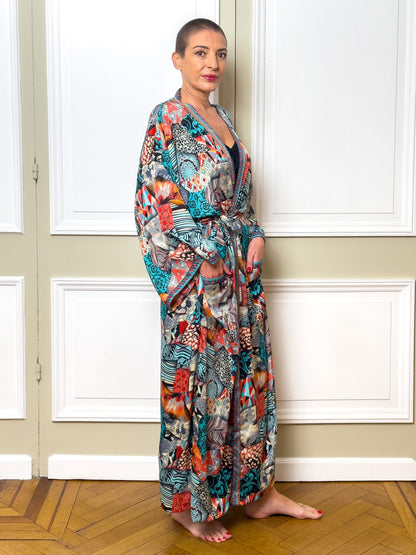 Long silk kimono, bohemian house dress, vintage kimono with belt, Christmas gift, gifts for her