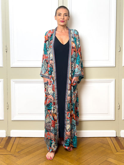 Long silk kimono, bohemian house dress, vintage kimono with belt, Christmas gift, gifts for her